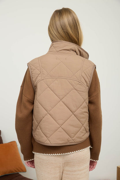  Sara Snap Button Quilted Vest, Mocha