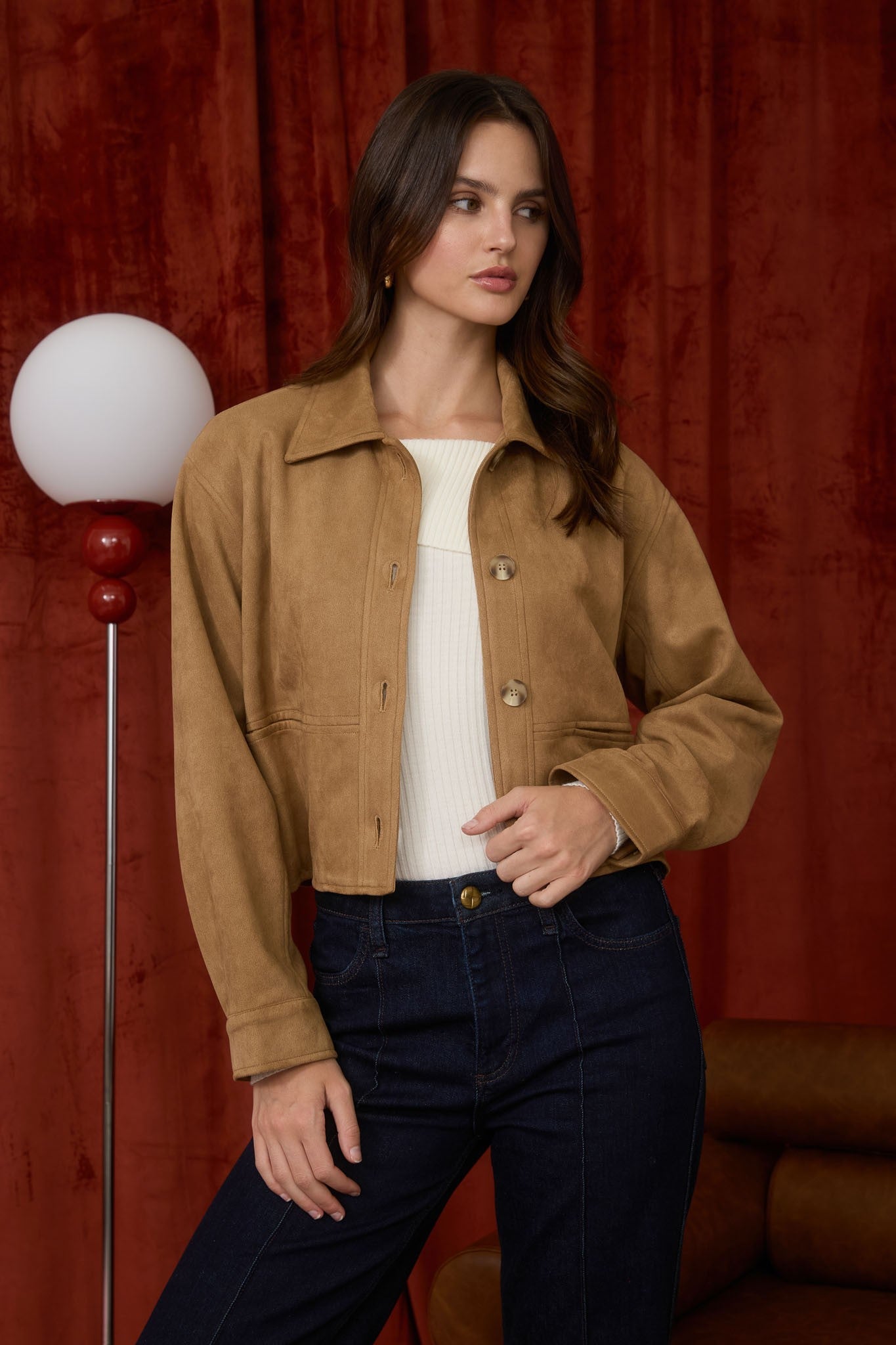  Cleo Suede Collared Jacket, Camel