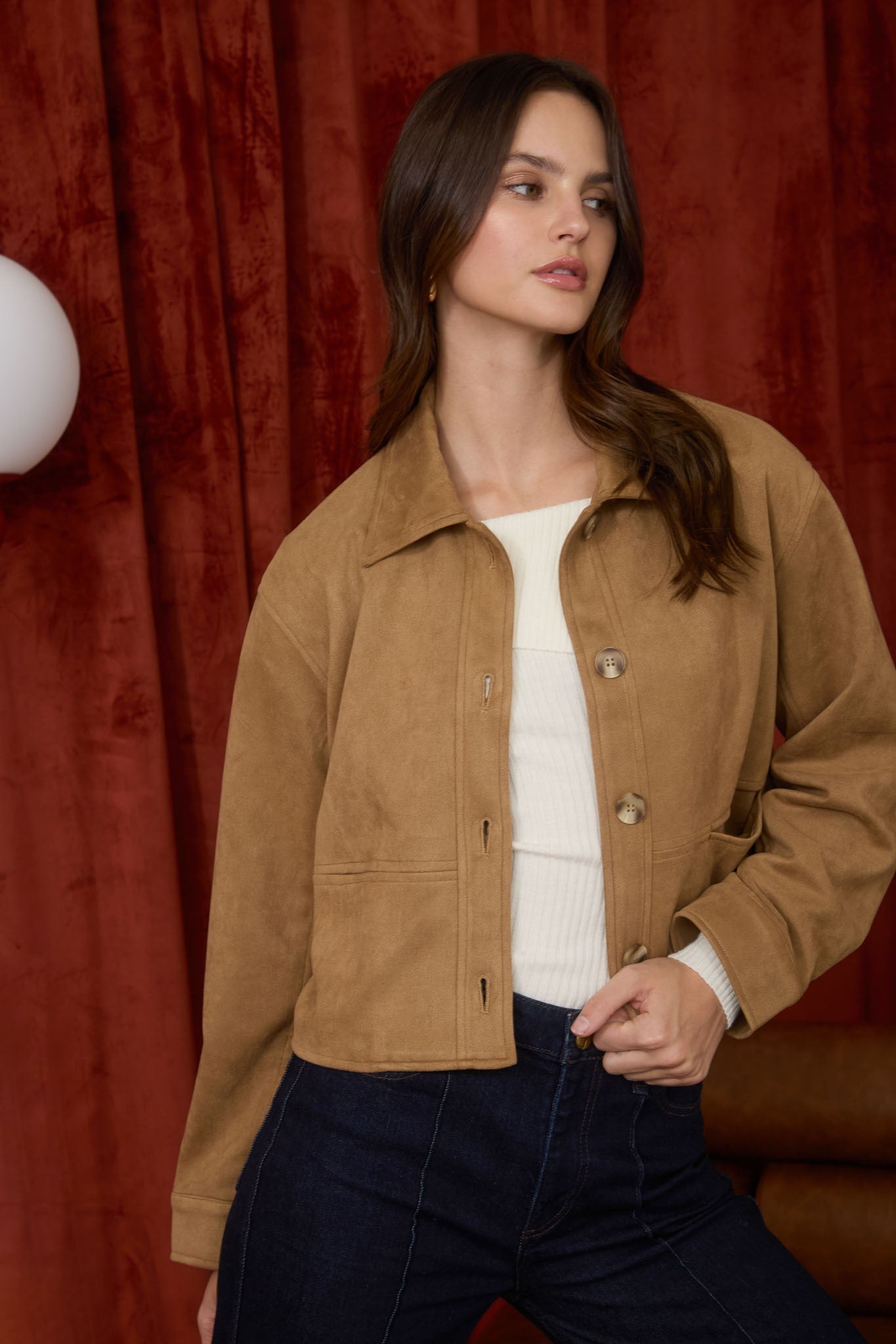  Cleo Suede Collared Jacket, Camel