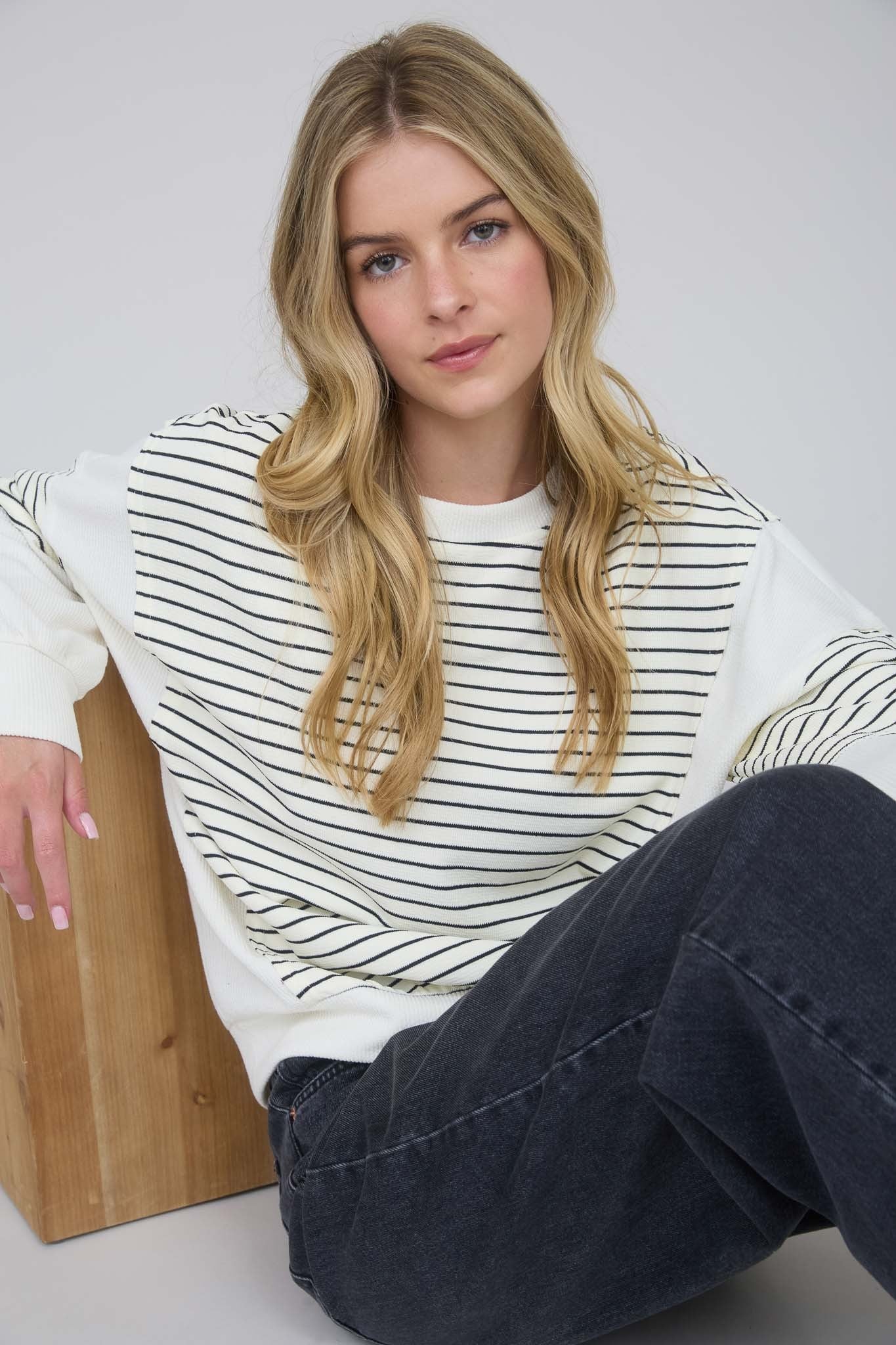  Livvy Contrast Stripe Knit Top, Ivory