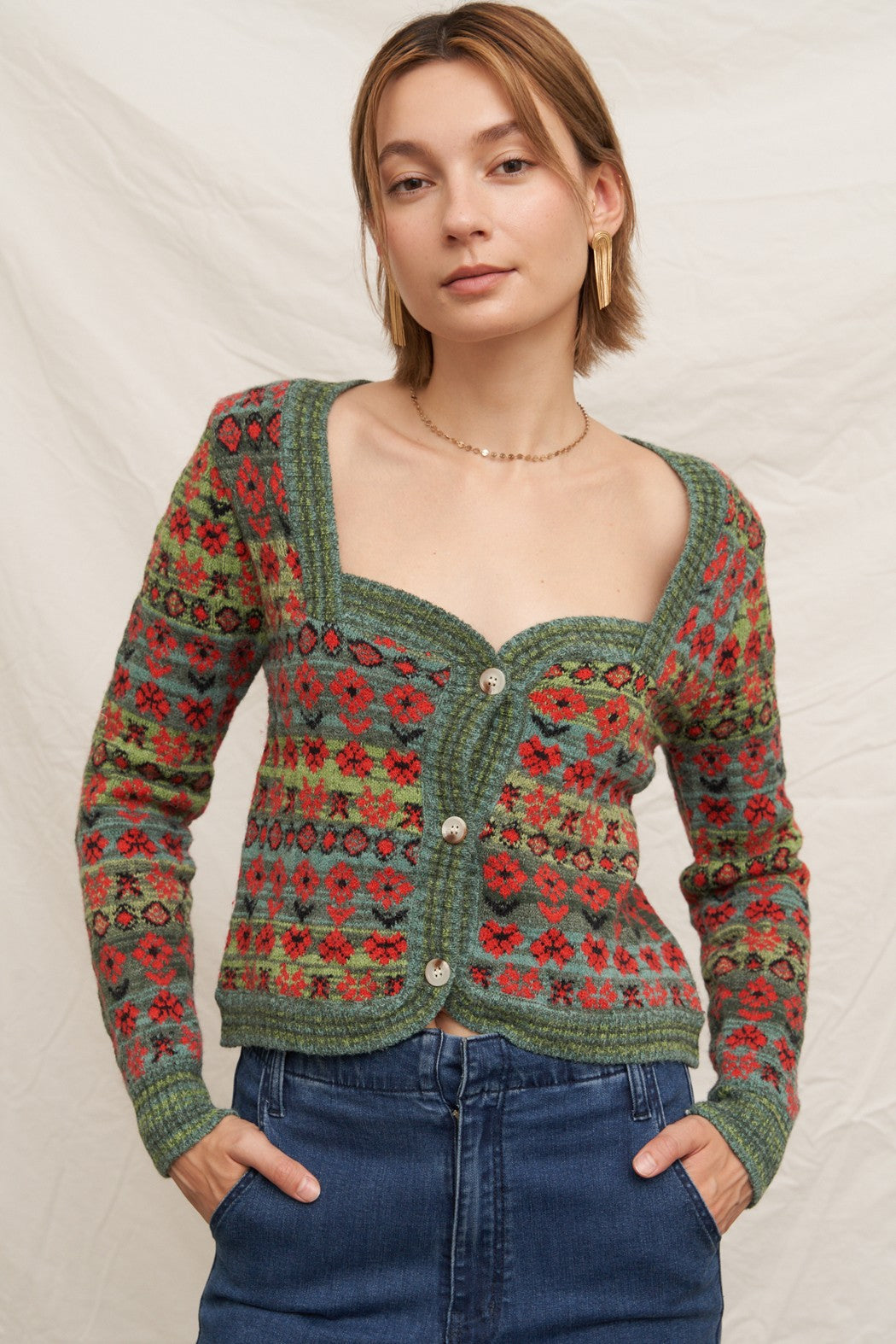  Sadie Sweetheart Neckline Sweater Cardigan, Green Multi