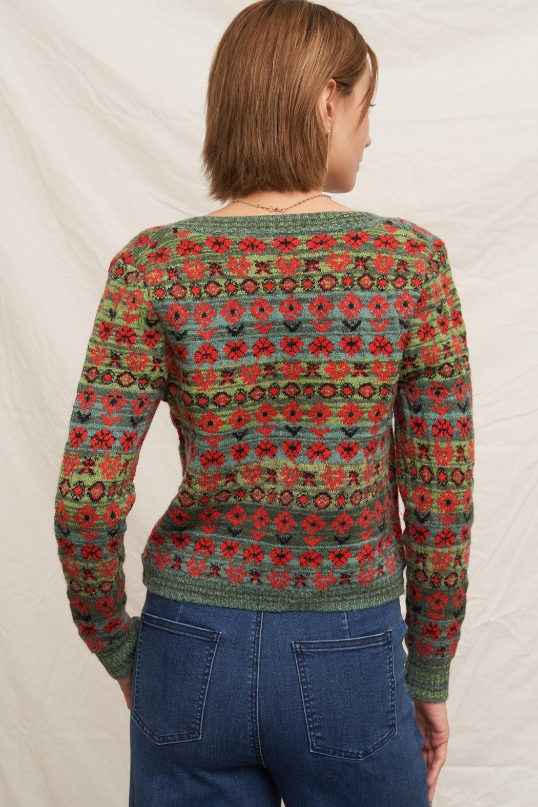  Sadie Sweetheart Neckline Sweater Cardigan, Green Multi