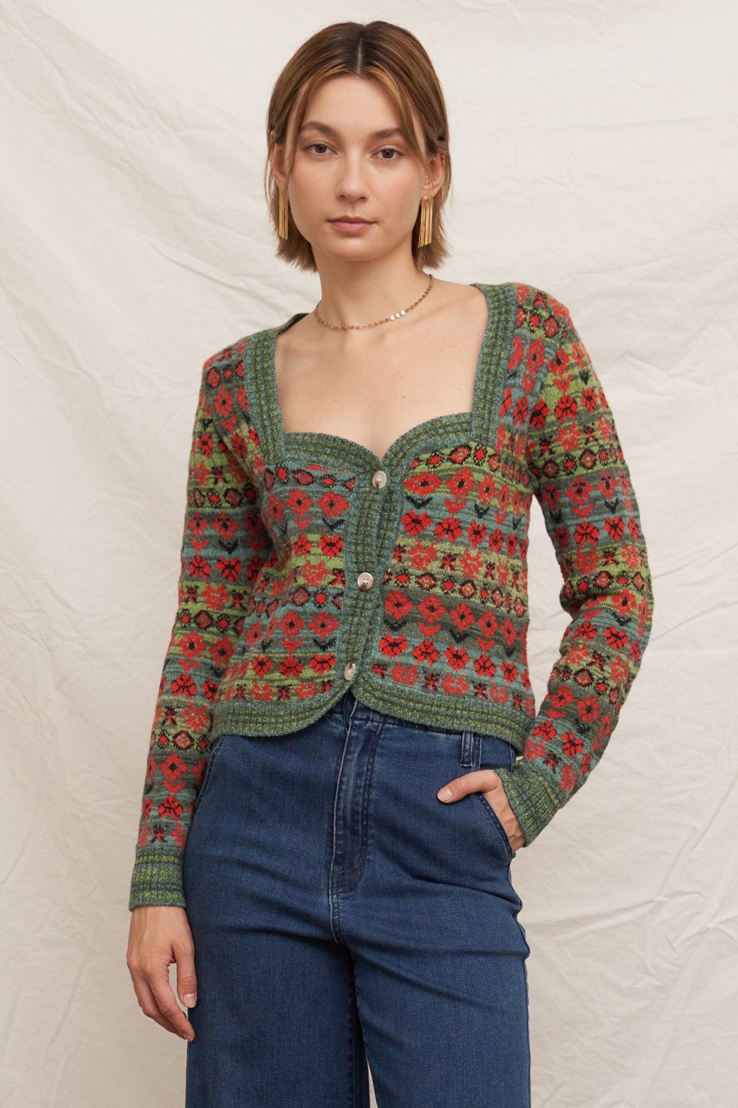  Sadie Sweetheart Neckline Sweater Cardigan, Green Multi