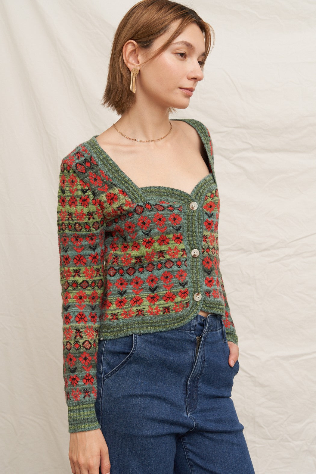  Sadie Sweetheart Neckline Sweater Cardigan, Green Multi