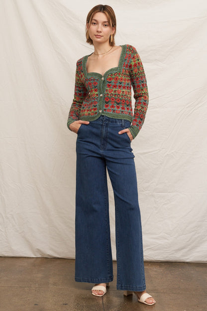  Sadie Sweetheart Neckline Sweater Cardigan, Green Multi