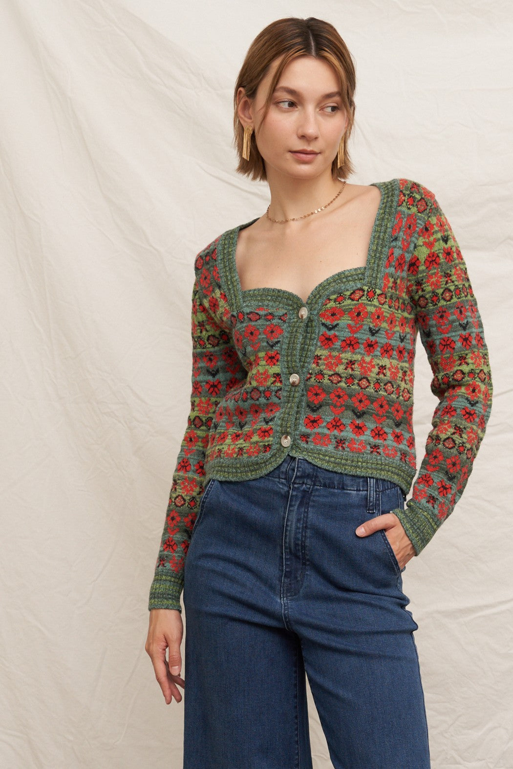  Sadie Sweetheart Neckline Sweater Cardigan, Green Multi