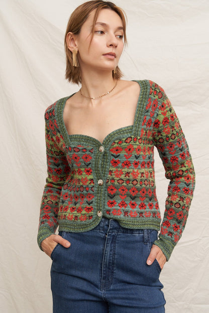  Sadie Sweetheart Neckline Sweater Cardigan, Green Multi