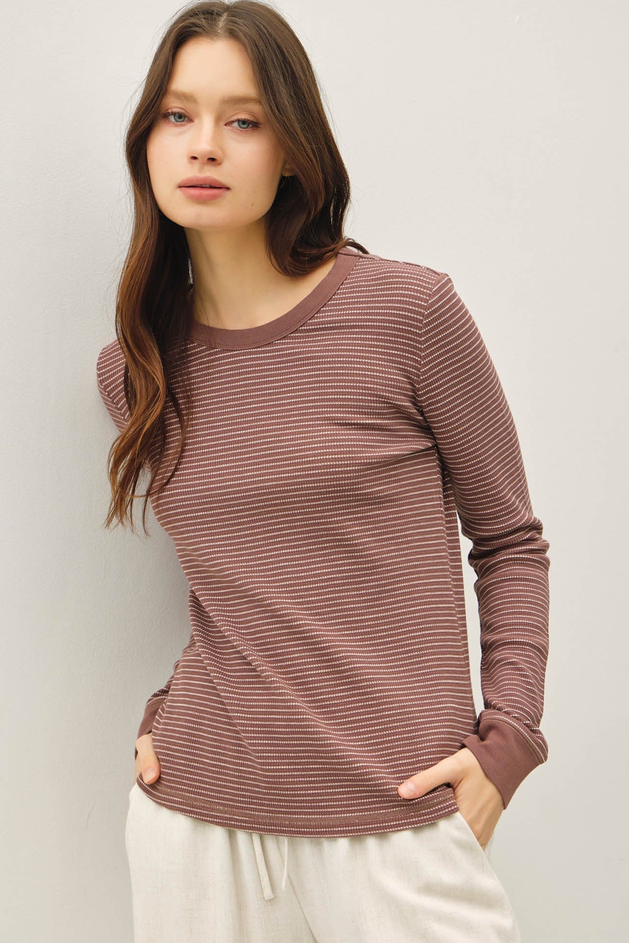 Be Cool Madelyn Stitched Thermal Top, Brown