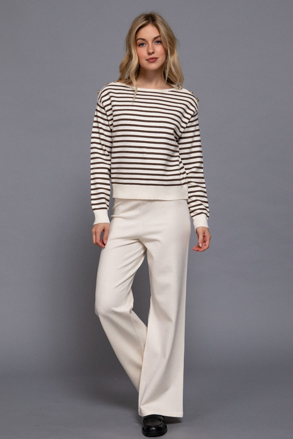  Eloise Buttoned Shoulder Sweater, Cream/Brown