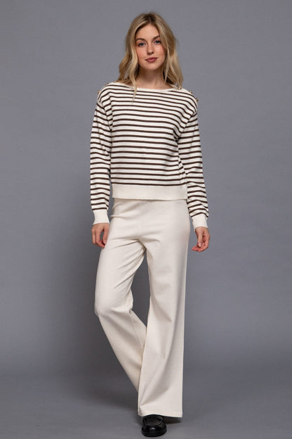  Eloise Buttoned Shoulder Sweater, Cream/Brown