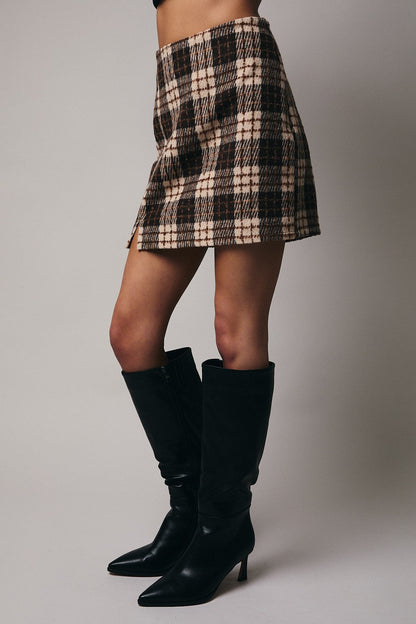  Shannon Plaid Mini Skirt, Taupe-Brown Plaid
