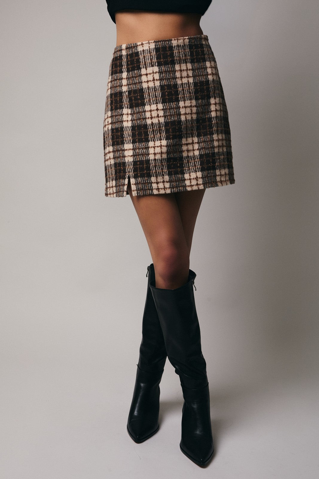  Shannon Plaid Mini Skirt, Taupe-Brown Plaid