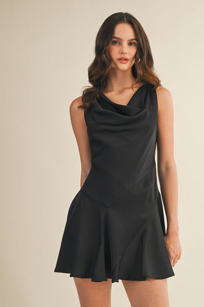  Mackenzie Cowl Neck Satin Dress, Black