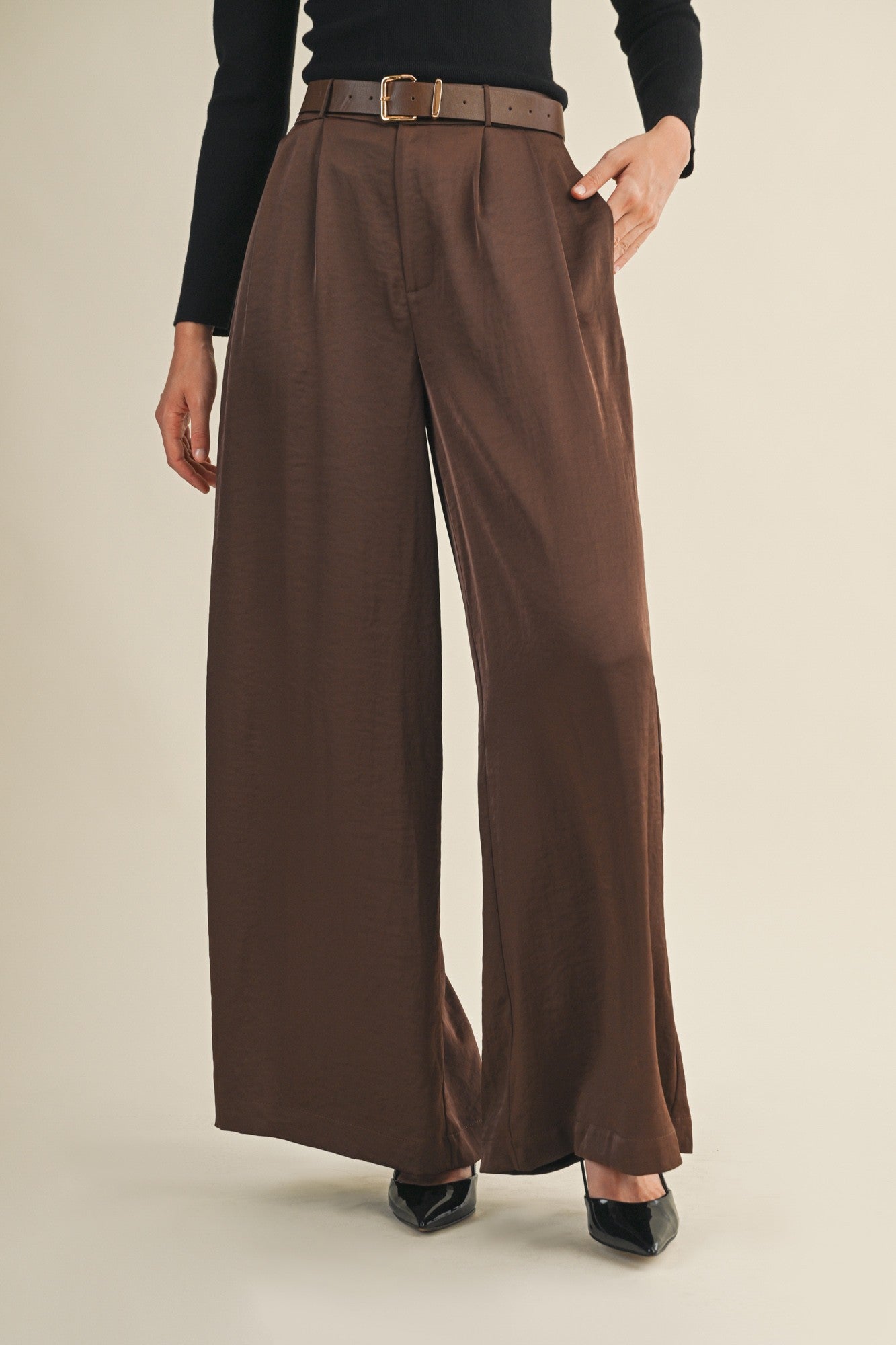  Honey Satin Wide Leg Pant, Dark Brown