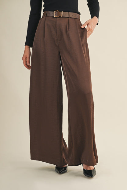  Honey Satin Wide Leg Pant, Dark Brown