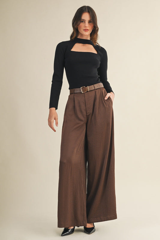  Honey Satin Wide Leg Pant, Dark Brown