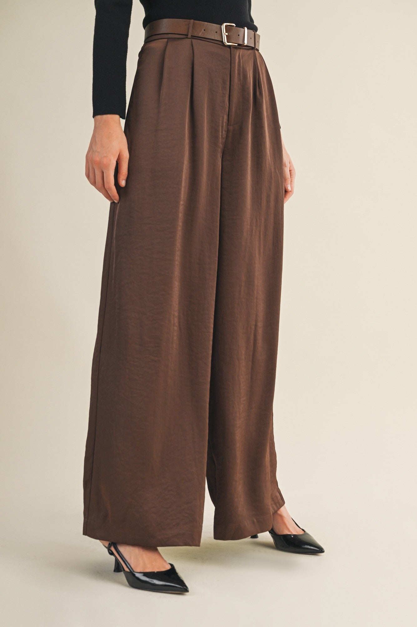  Honey Satin Wide Leg Pant, Dark Brown