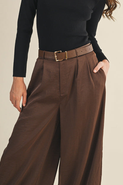  Honey Satin Wide Leg Pant, Dark Brown