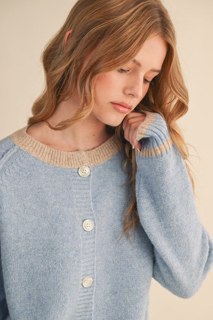  Amelia Sweater Cardigan, Sky Blue Taupe