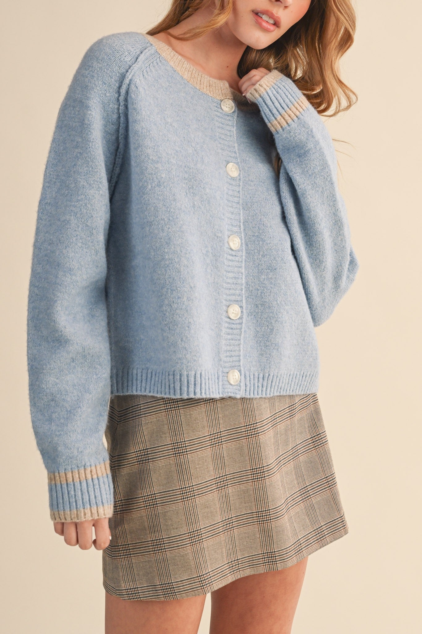  Amelia Sweater Cardigan, Sky Blue Taupe