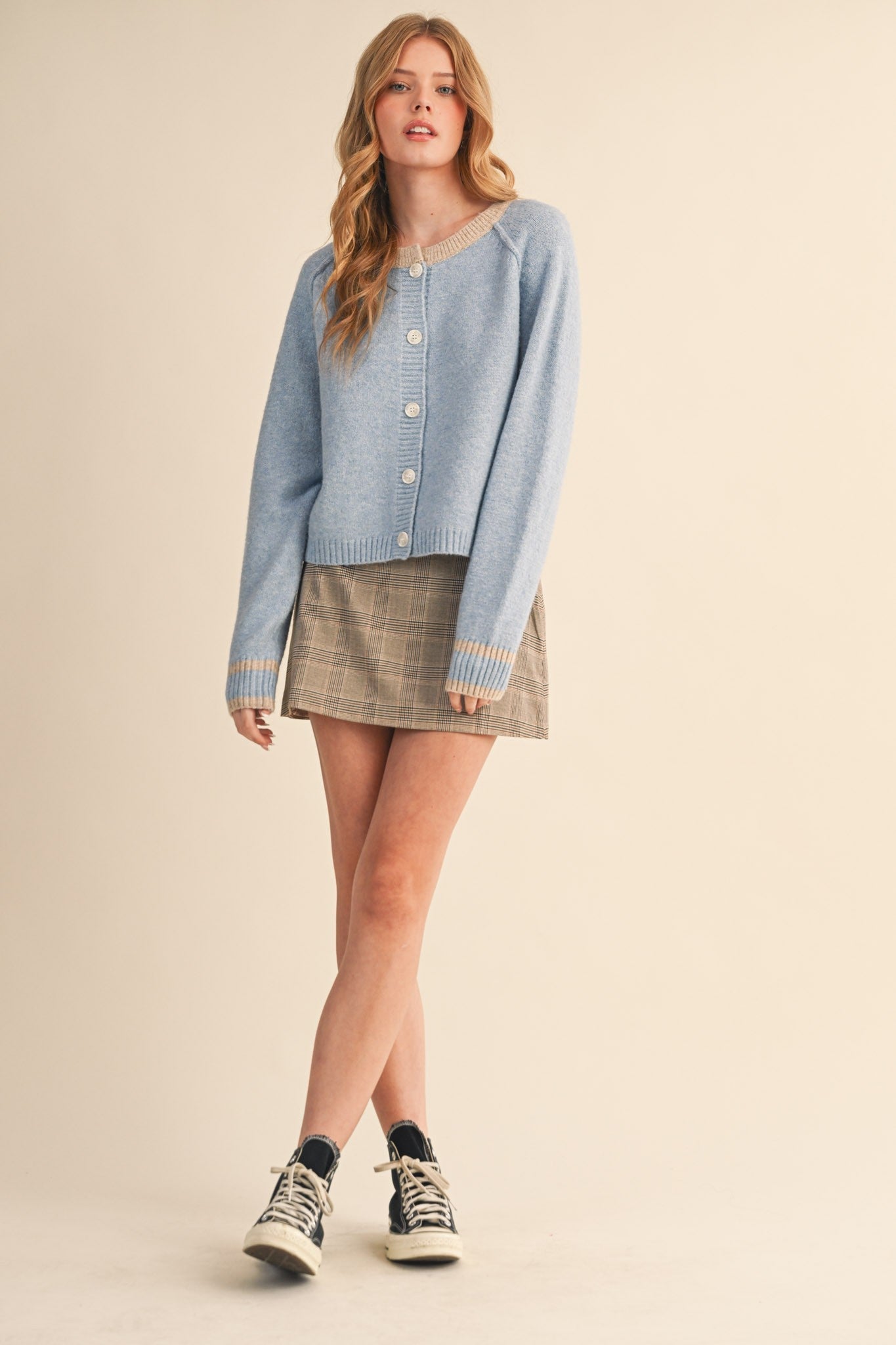  Amelia Sweater Cardigan, Sky Blue Taupe