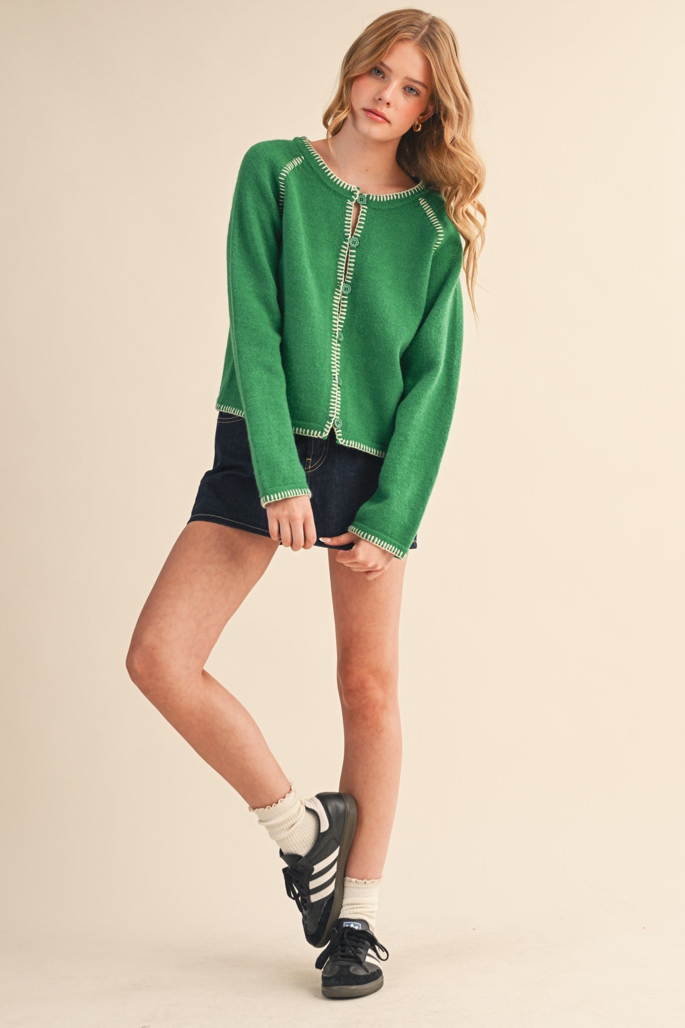  Ainsley Blanket Stitch Cardigan, Green Ivory