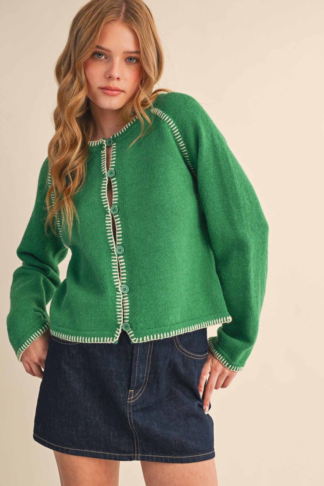  Ainsley Blanket Stitch Cardigan, Green Ivory
