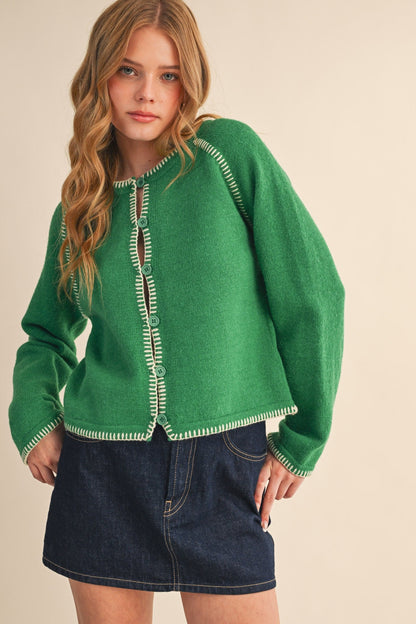  Ainsley Blanket Stitch Cardigan, Green Ivory