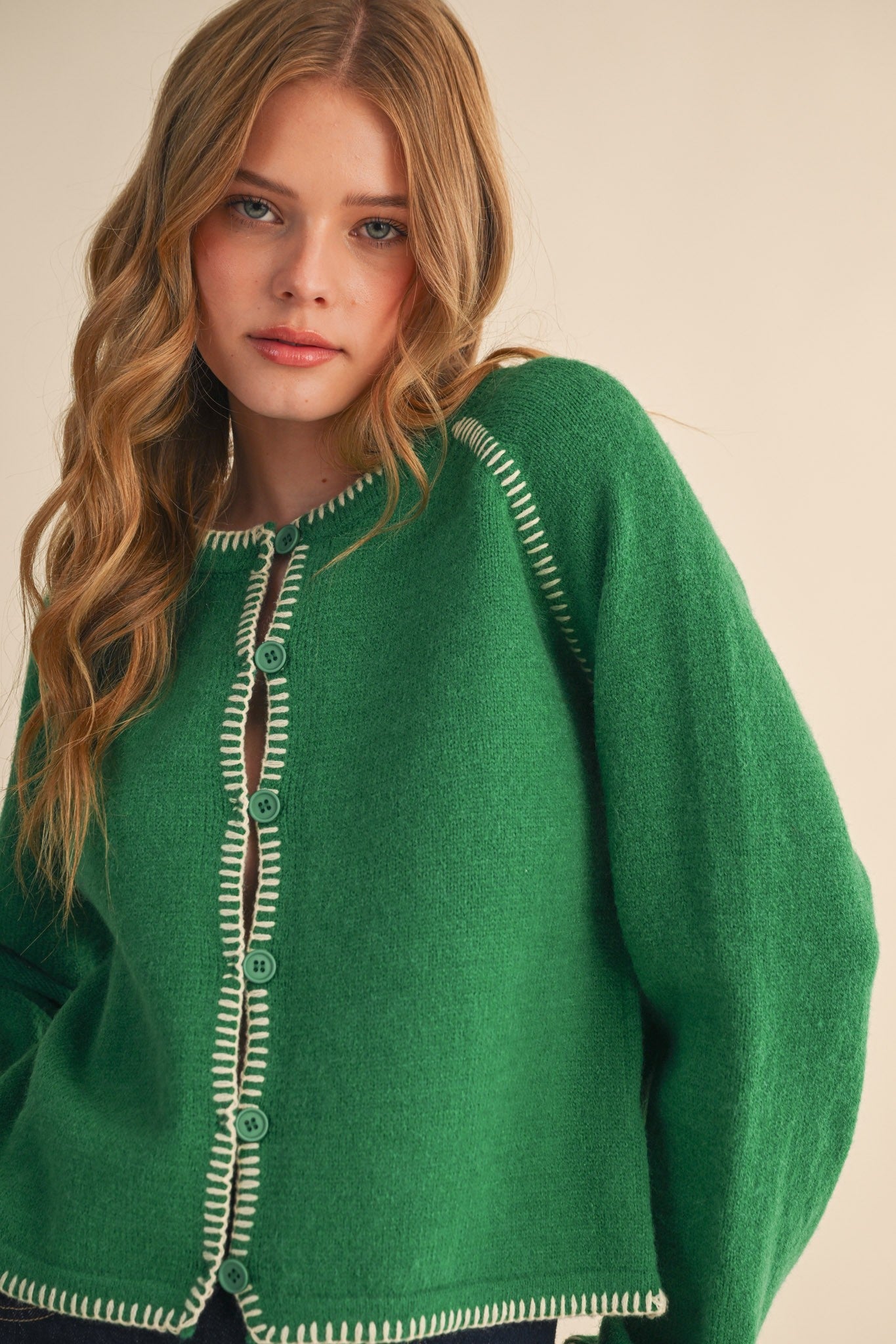 Ainsley Blanket Stitch Cardigan, Green Ivory