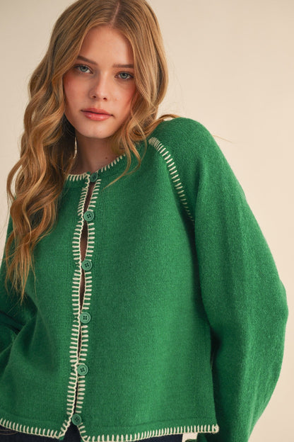  Ainsley Blanket Stitch Cardigan, Green Ivory