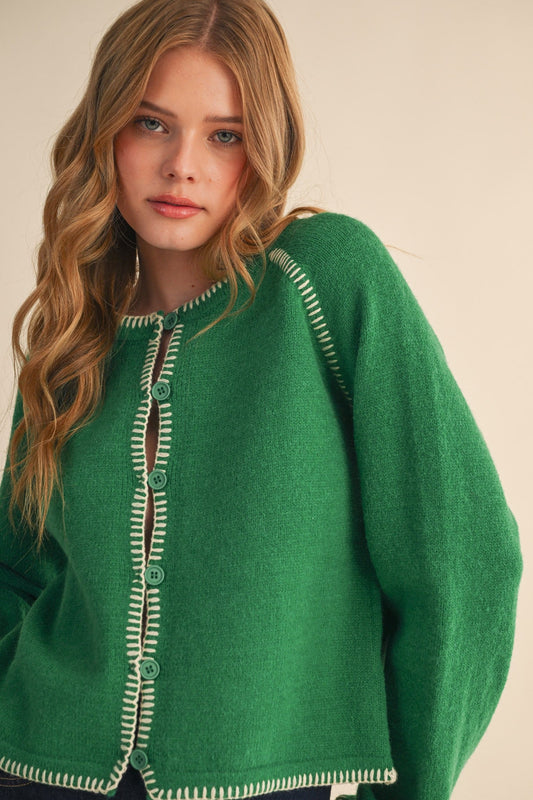  Ainsley Blanket Stitch Cardigan, Green Ivory