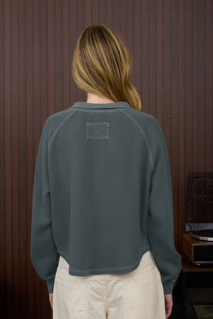  Ezra Half Snap Button Textured Top, Denim