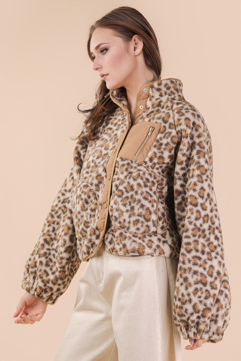 Cali Fleece Jacket, Cream Leopard