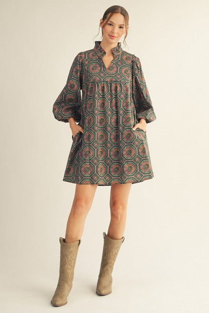  Leena Printed Dress, Hunter Green