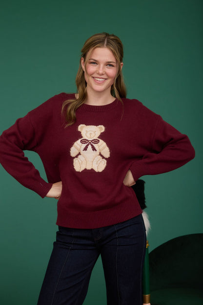  Elle Teddy Bear Graphic Sweater, Burgundy