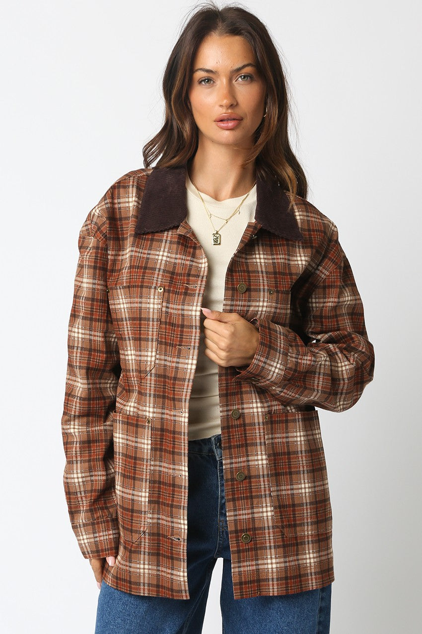  Ester Plaid Button Down Jacket, Taupe