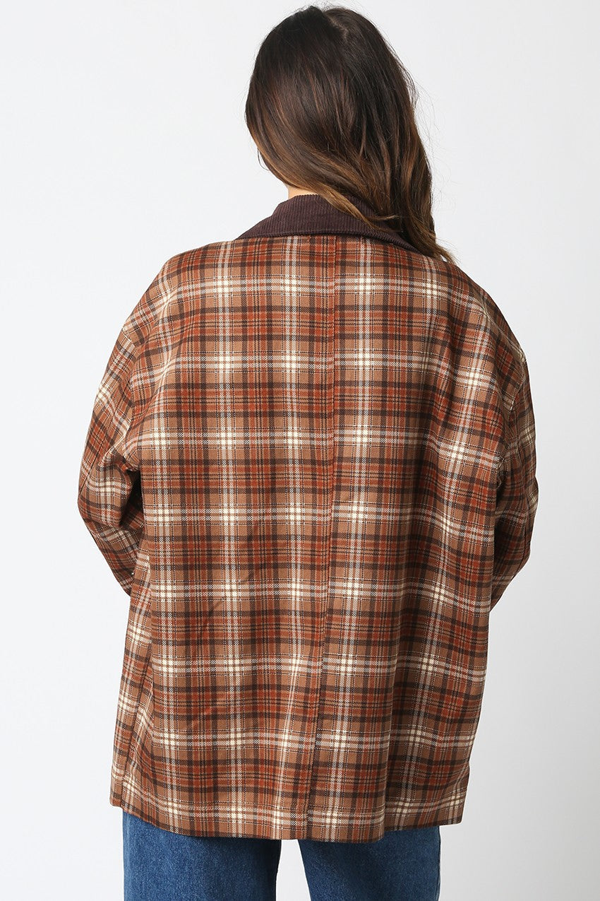  Ester Plaid Button Down Jacket, Taupe