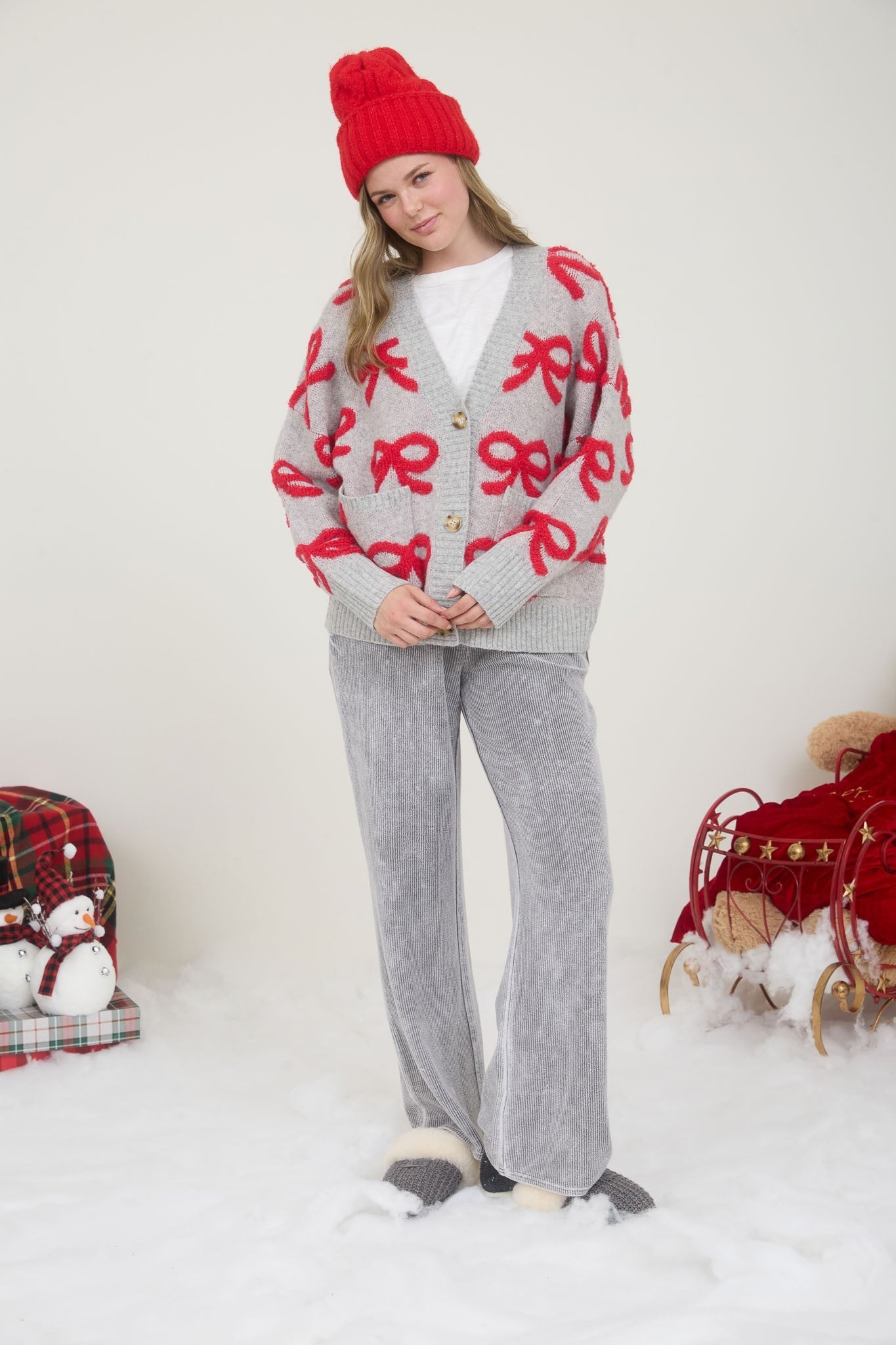  Betty Bow Cardigan Sweater, Heather Grey