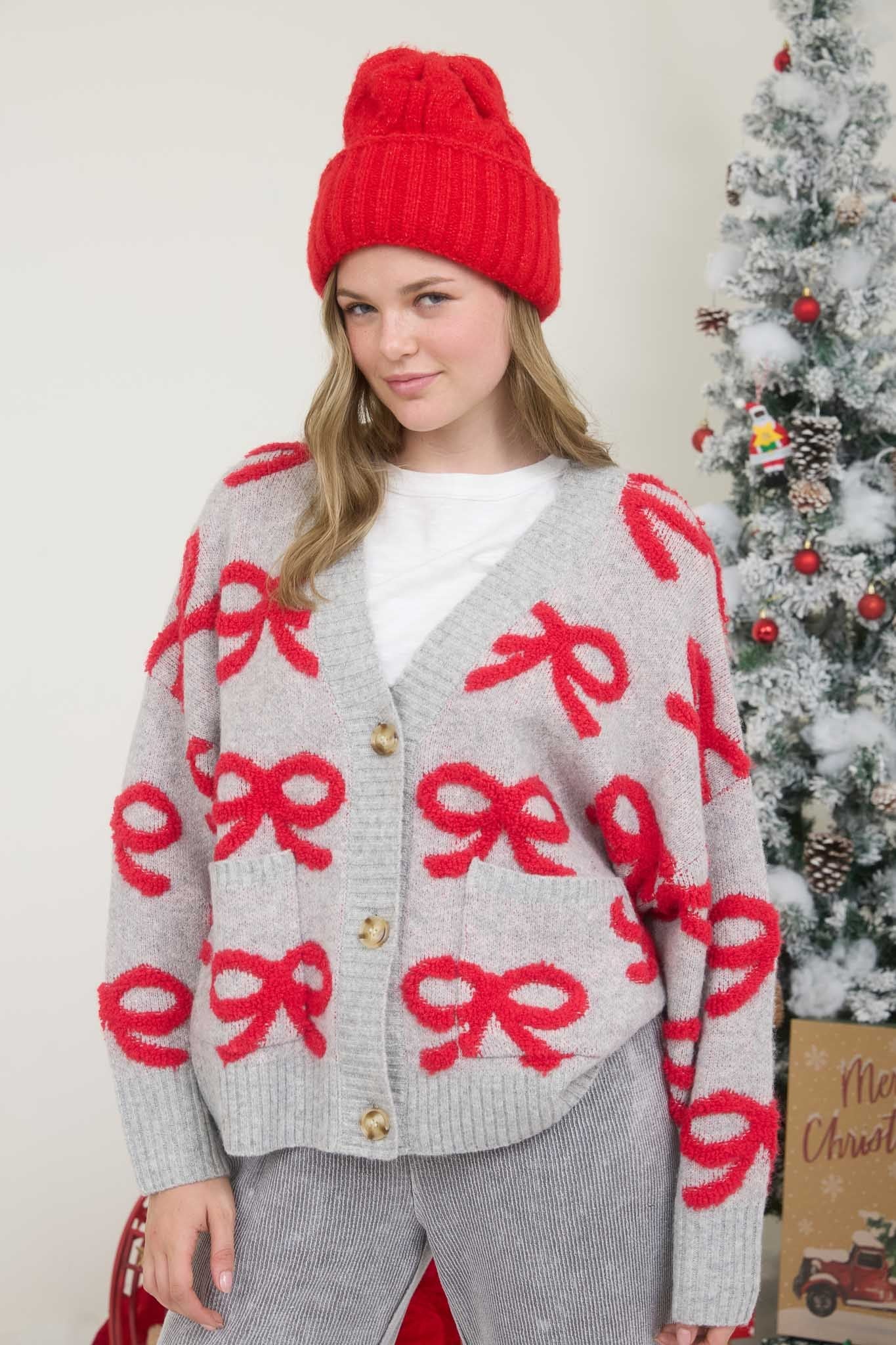  Betty Bow Cardigan Sweater, Heather Grey