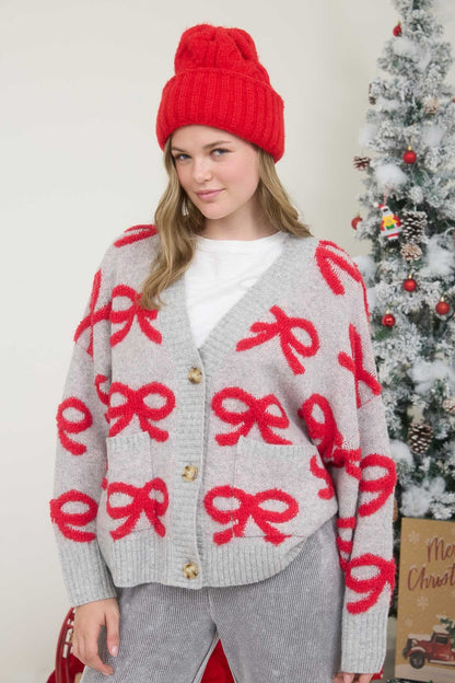  Betty Bow Cardigan Sweater, Heather Grey