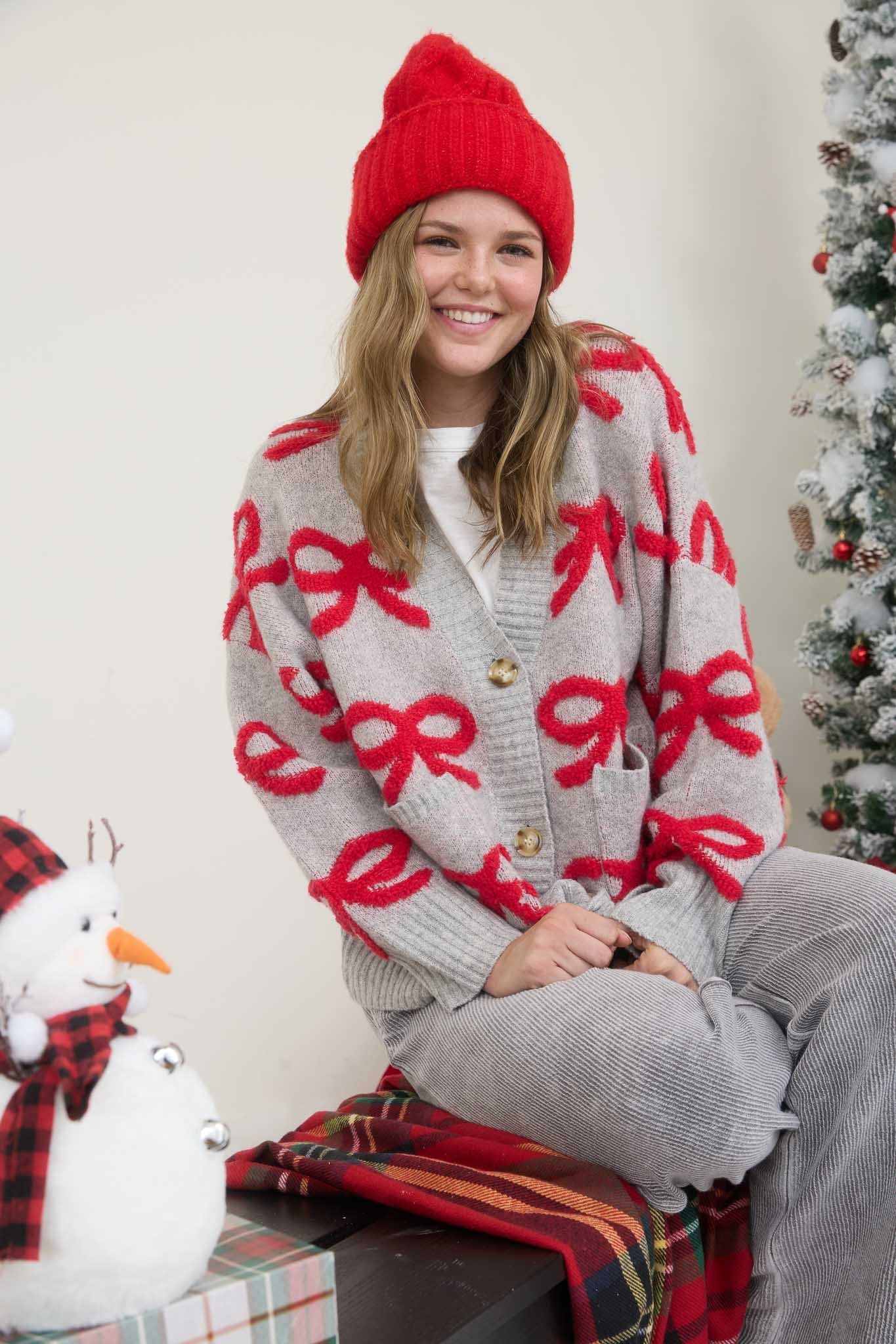  Betty Bow Cardigan Sweater, Heather Grey