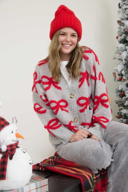  Betty Bow Cardigan Sweater, Heather Grey