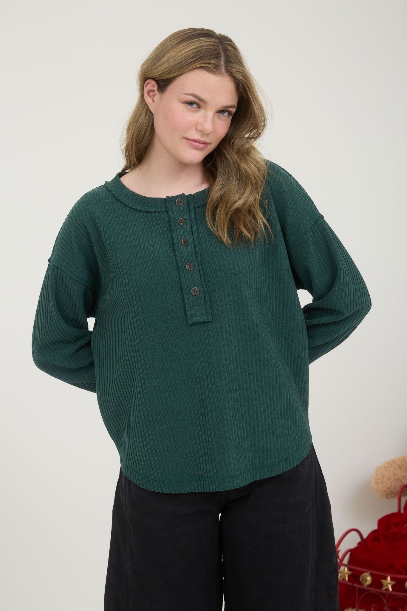  Rowan Ribbed Henley Long Sleeve Top, Hunter Green
