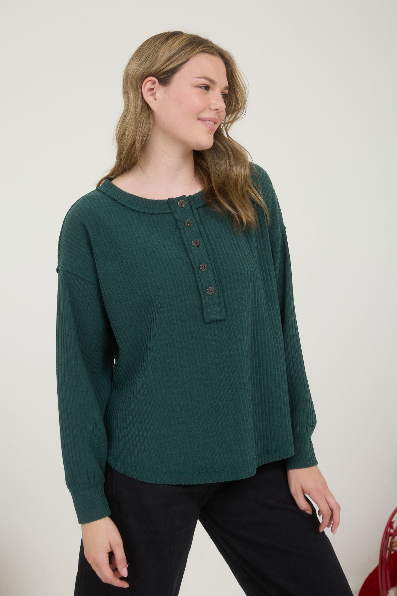  Rowan Ribbed Henley Long Sleeve Top, Hunter Green