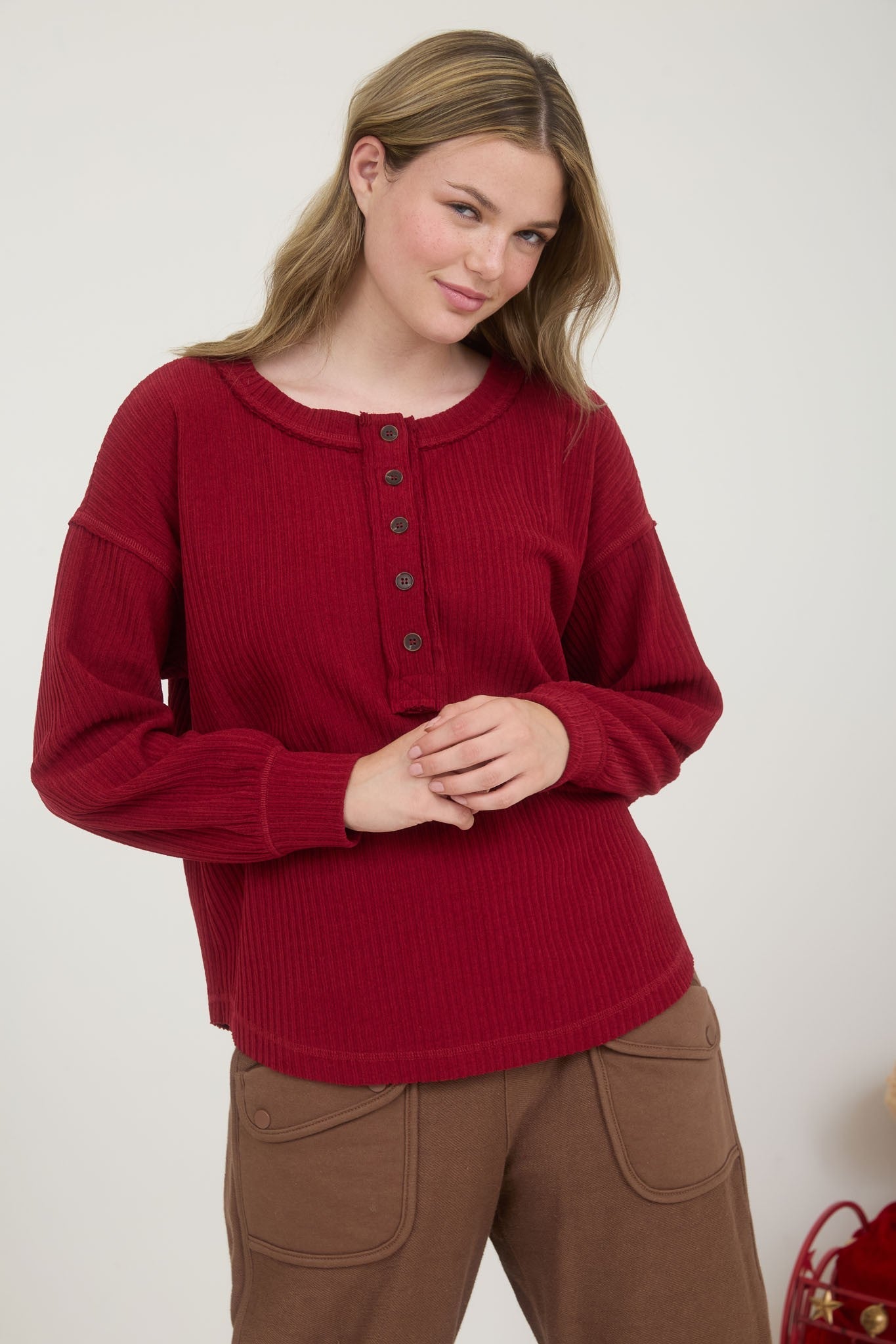  Rowan Ribbed Henley Long Sleeve Top, Deep Red