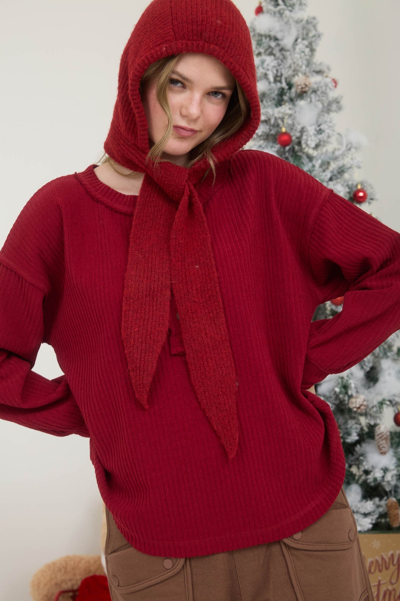  Rowan Ribbed Henley Long Sleeve Top, Deep Red