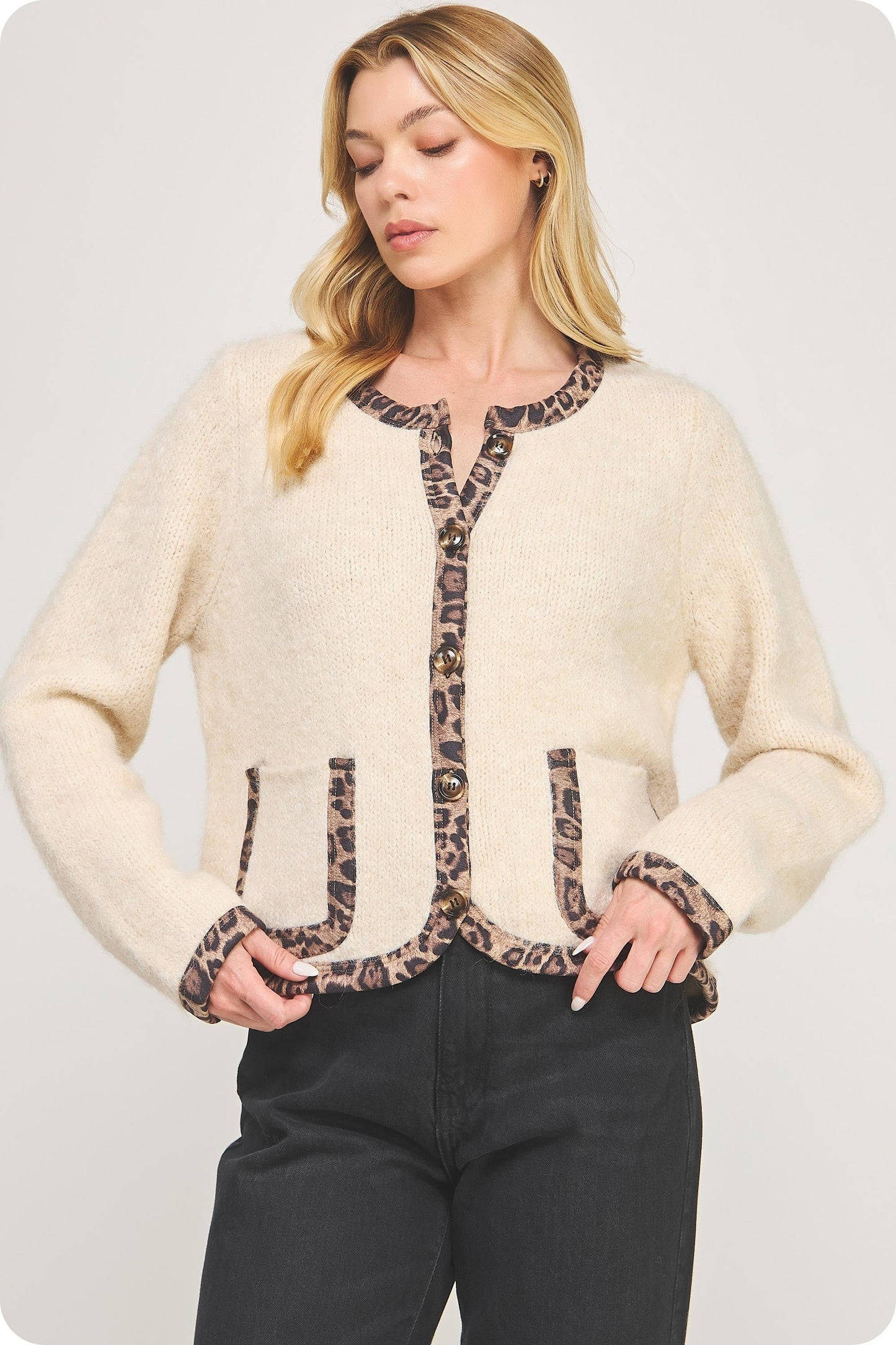  Leeda Leopard Trim Knit Jacket, Light Taupe/Black