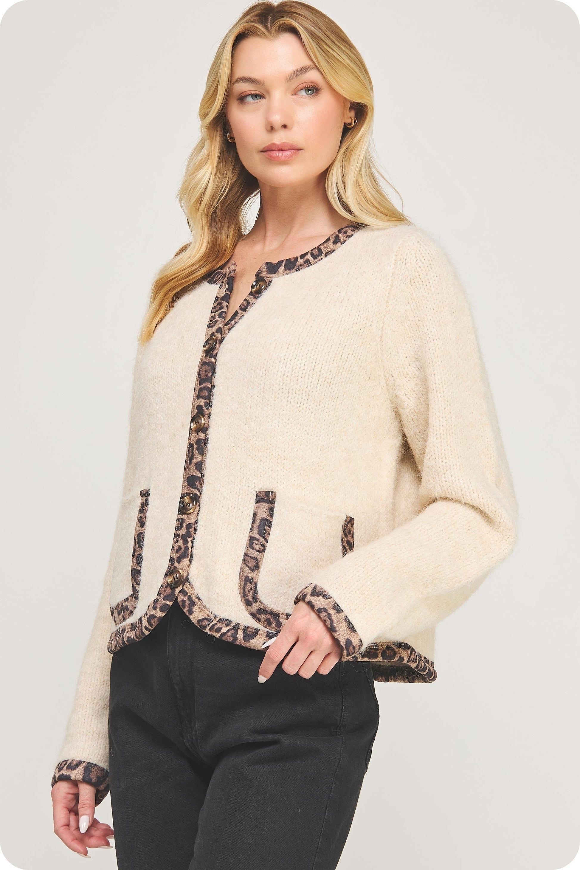  Leeda Leopard Trim Knit Jacket, Light Taupe/Black