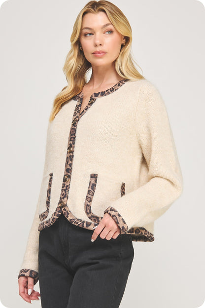  Leeda Leopard Trim Knit Jacket, Light Taupe/Black