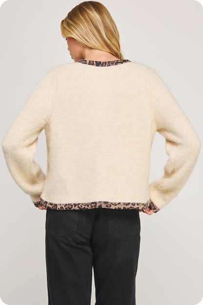  Leeda Leopard Trim Knit Jacket, Light Taupe/Black